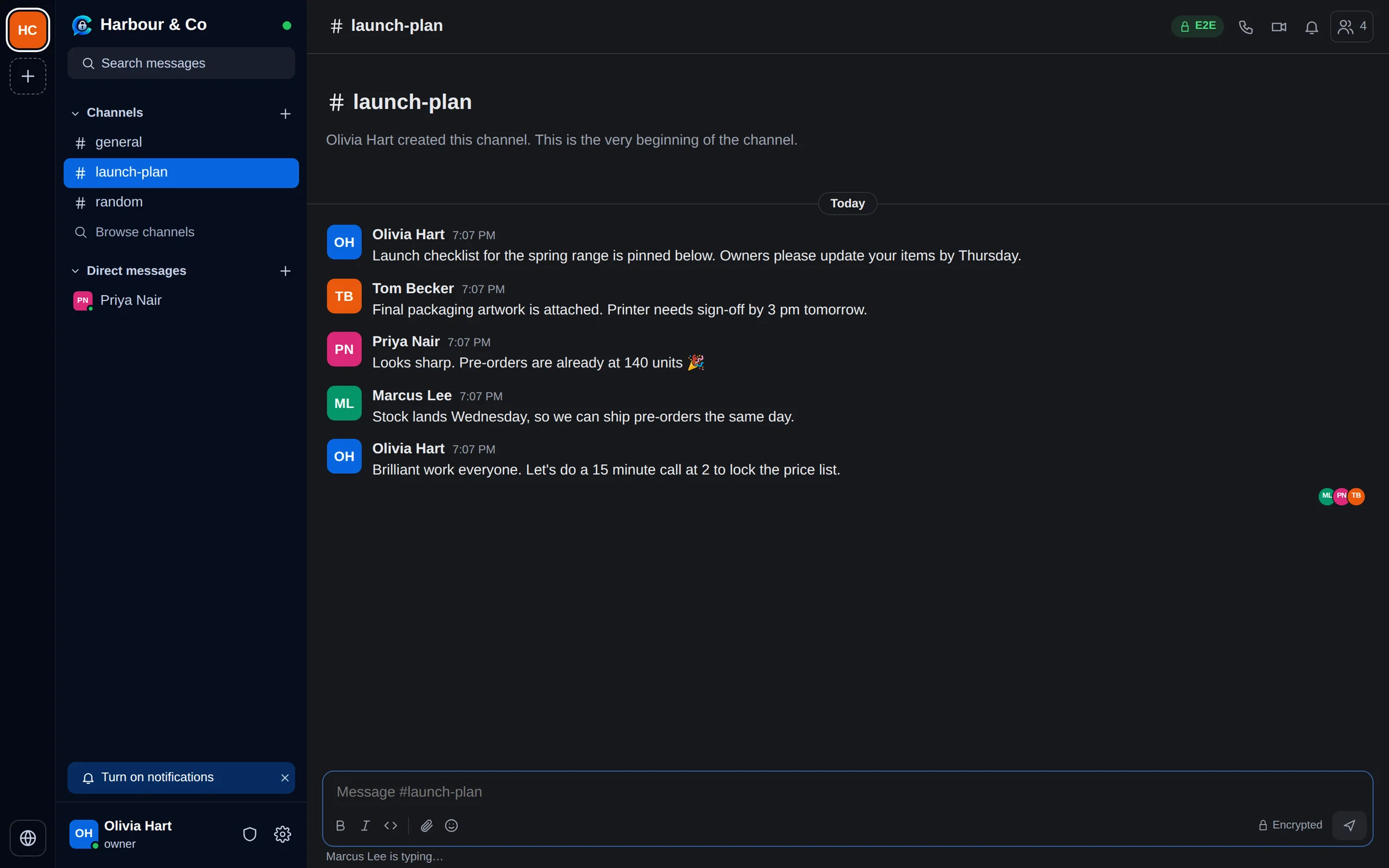 CETEChat on a desktop: a company's launch-plan channel with messages from four teammates