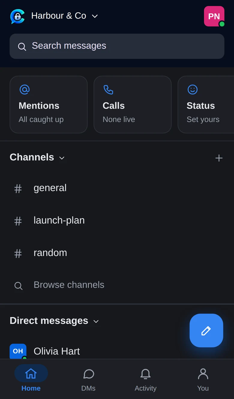 CETEChat home screen on a phone listing channels and direct messages