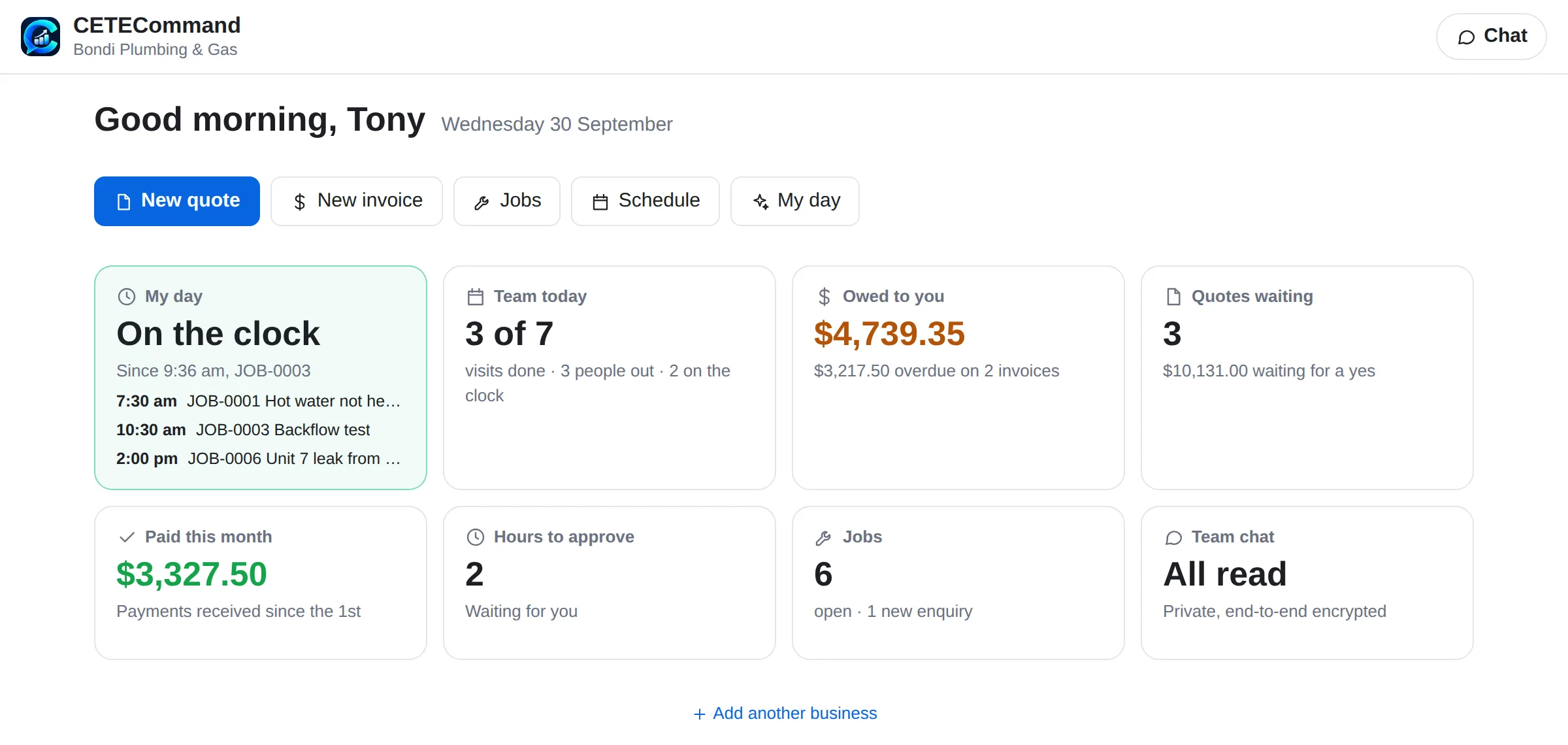 CETECommand: the business home screen with jobs, invoices and the schedule
